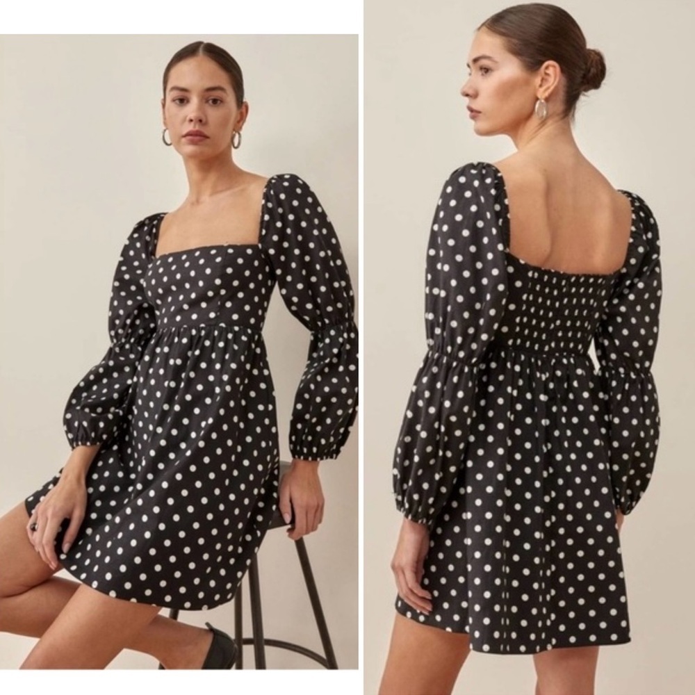 New! Reformation Black and White Polka Dot Long Puff Sleeve Baby Doll Dress 🖤 10